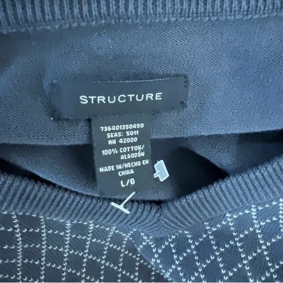 Structure Argyle Sweater Top Large 100% Cotton V Neck Golf Gray White Pullover - Picture 6 of 6